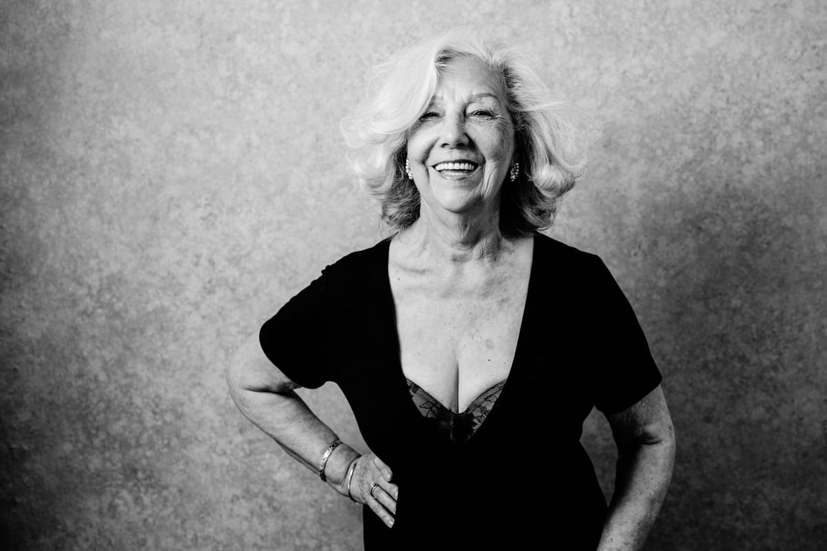 Black and white portrait of women with silver hair smiling. Coquitlam Mateus studio